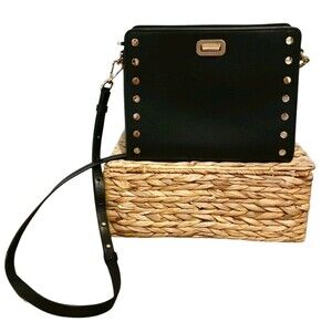 Michael Kors Large Sylvie Black Leather Messenger Crossbody Bag Studded Turnlock